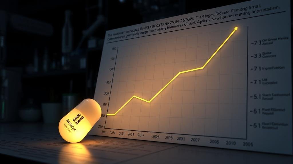 A glowing pill labeled 'Asundexian' in a dark lab, illuminating a successful clinical trial results chart, symbolizing a breakthrough in stroke prevention.