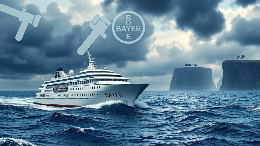 A large ship representing Bayer navigating a turbulent sea with storm clouds shaped like gavels symbolizing lawsuits and cliffs labeled 'Patent Cliff' looming on the horizon.