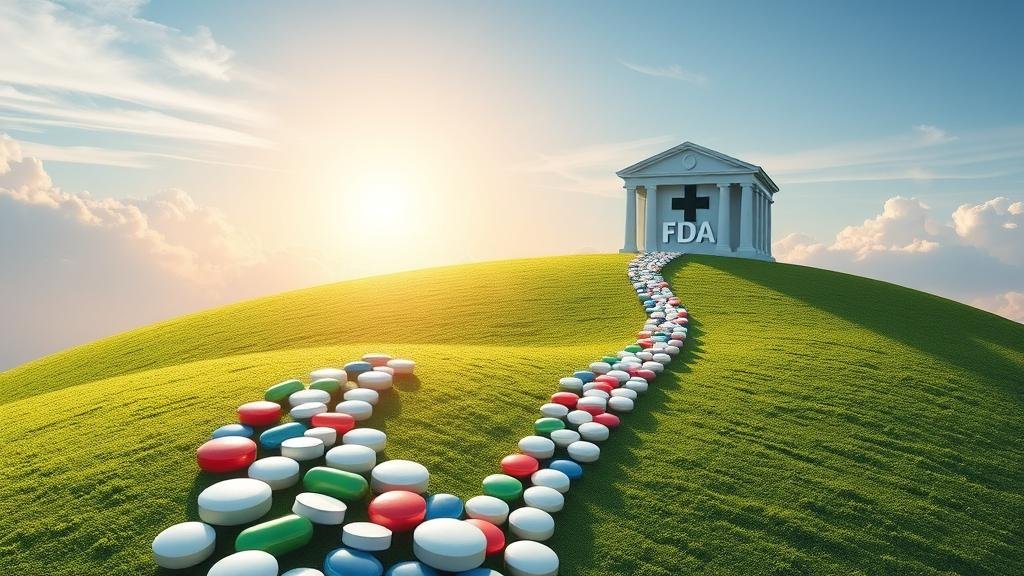 A winding path made of interlocking pills leading up a hill to a building representing the FDA, under a hopeful rising sun, symbolizing the path to recovery.