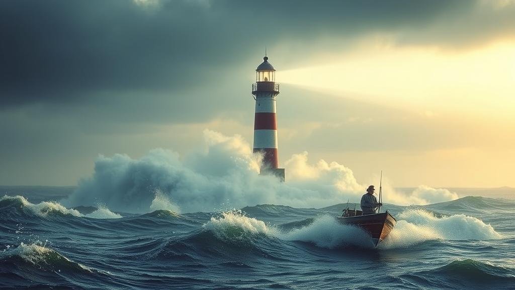 A lighthouse shines a beam of light through a stormy sea, with a small boat navigating the rough waters, symbolizing a prudent investor.