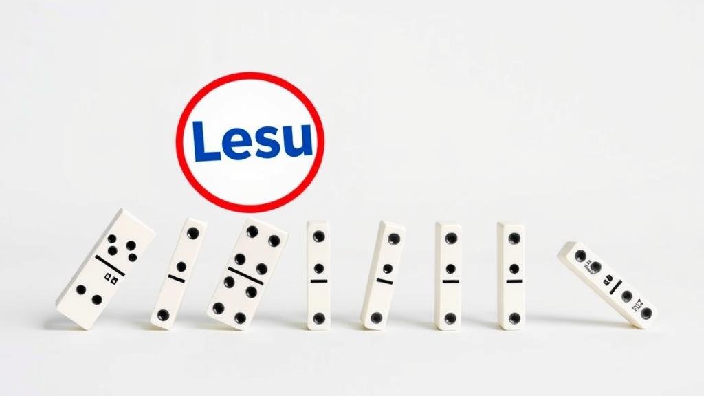 A series of dominoes falling, starting with a large corporate logo, representing the ripple effect on smaller businesses and market sectors.