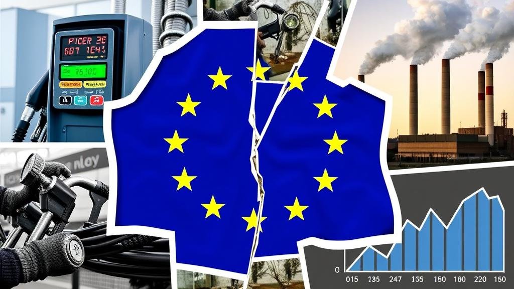 A collage representing the European economy with a cracked EU flag, high gas prices, factories, and a graph showing an economic downturn.