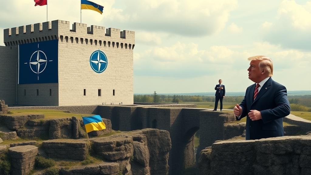 An image of a large, imposing fortress-like building with a NATO flag. A wide, difficult-to-cross chasm separates the fortress from a figure representing Ukraine, who is looking across with determination. In the distance, another figure representing Trump is shrugging with skepticism.