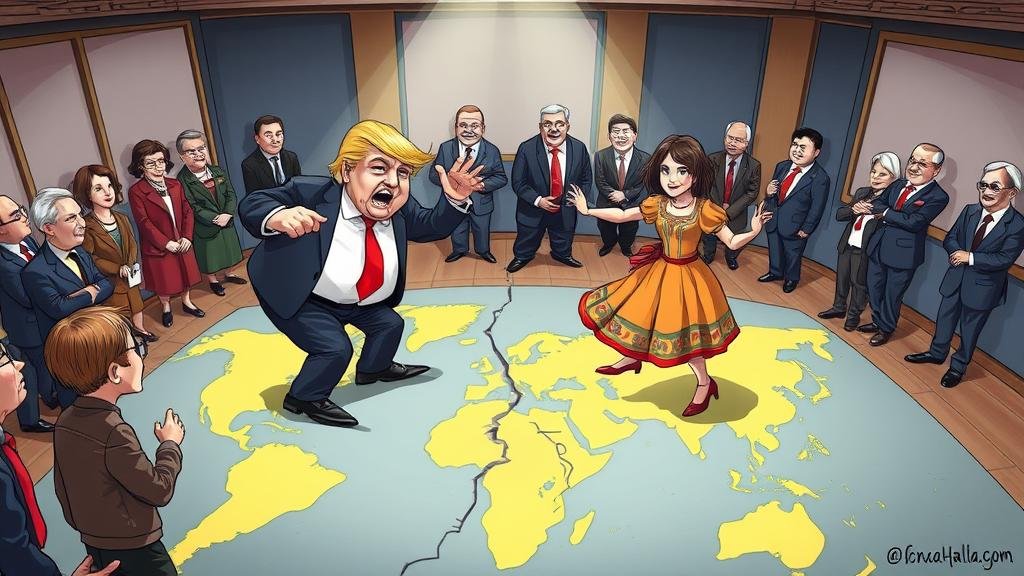 A political cartoon depicting Donald Trump and Volodymyr Zelenskyy on a dance floor, with other world leaders watching. Trump is doing a flashy, disruptive dance move, while Zelenskyy is doing a more traditional, determined folk dance. The floor is painted like a world map, with cracks forming between them.