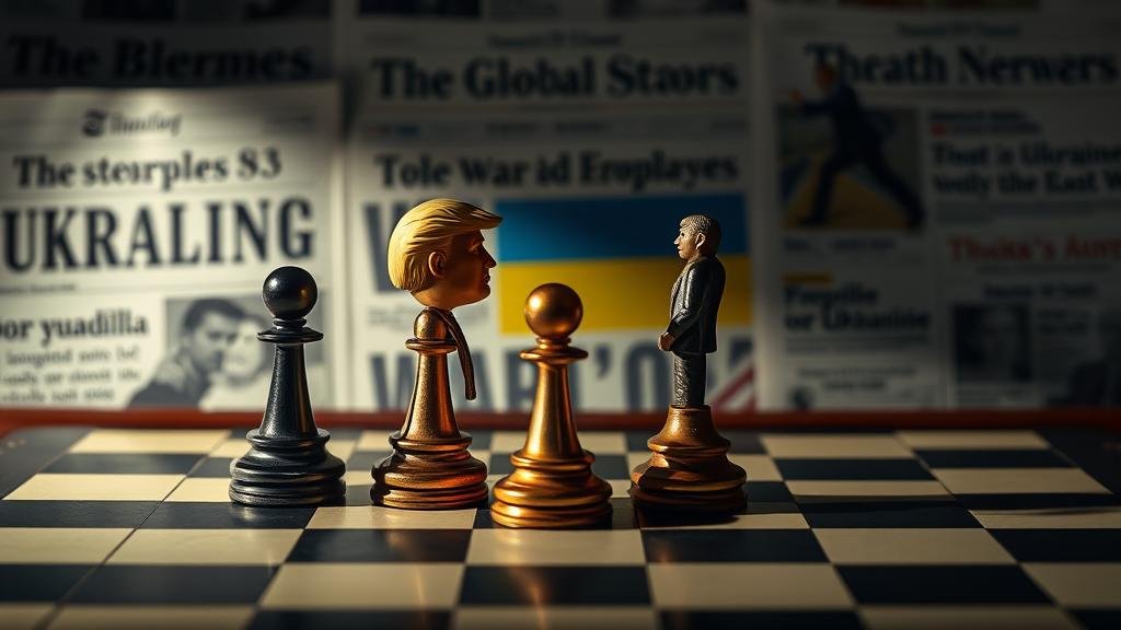 A close-up shot of a chessboard. The chess pieces are stylized figures of Trump and Zelenskyy. The board is set against a backdrop of global newspaper headlines about the Ukraine war. The lighting is dramatic, casting long shadows, symbolizing the high stakes and uncertainty of the situation.