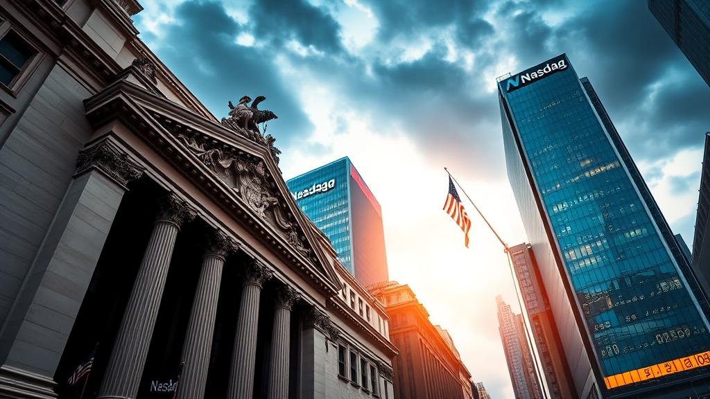 A dramatic image showing the historic, ornate facade of the New York Stock Exchange, with a sleek, modern glass building representing Nasdaq emerging behind it. The Nasdaq building has glowing data lines and stock tickers visible through its windows, symbolizing the digital future of finance. The sky is dynamic, with storm clouds parting to reveal a bright, clear sky over the Nasdaq building, signifying a new era.