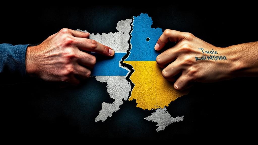 A dramatic image showing a map of Ukraine. On one side, a hand representing Russia is physically tearing a piece of the country away. On the other side, a hand representing Ukraine is holding on tightly. The style is gritty and realistic, emphasizing the struggle for sovereignty.