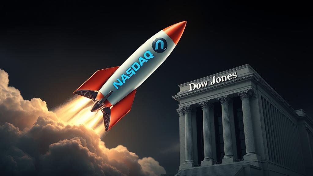 A dramatic image of a sleek, futuristic rocket labeled 'NASDAQ' launching into the sky, while a classic, sturdy-looking building labeled 'Dow Jones' remains firmly on the ground.