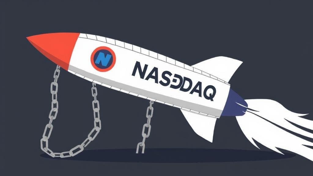 A stylized image of a rocket with 'NASDAQ' written on its side, being weighed down by heavy chains with dollar signs, symbolizing the burden of high interest rates.