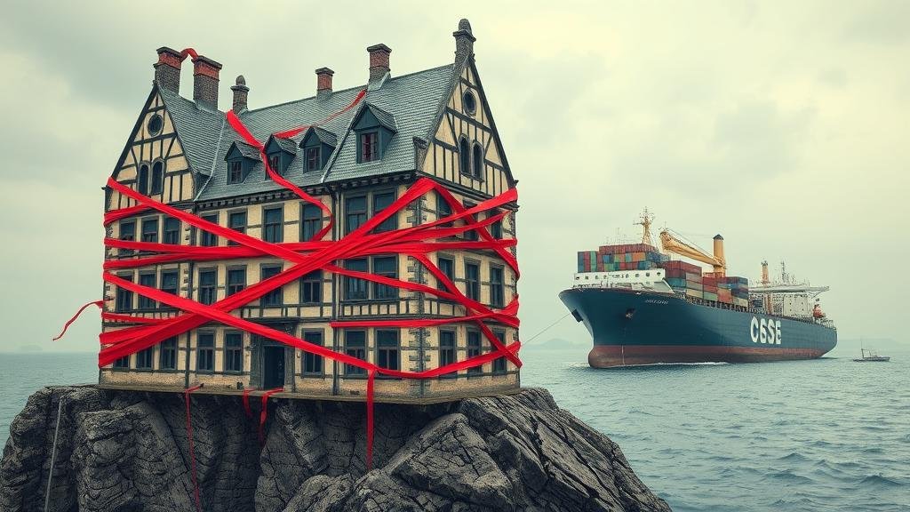 A metaphorical image showing a large, traditional European building entangled in red tape (symbolizing regulation), with cracks in its foundation (representing stagnation), and a broken cargo ship in the background (representing supply chain issues).