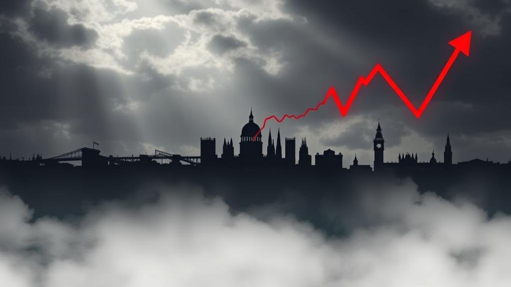 A dramatic image of a stock chart with a plummeting line, superimposed over a shadowy silhouette of a generic European city skyline, conveying a sense of sudden crisis and financial turmoil.