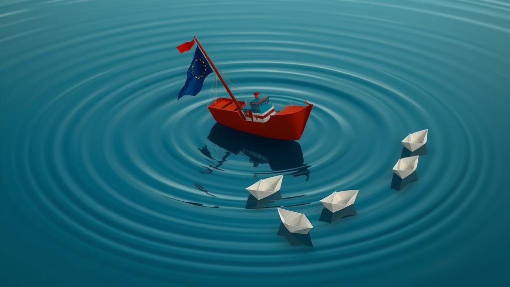 An image depicting a ripple effect in water, with the initial disturbance caused by a sinking ship bearing a European flag. The ripples spread outwards, unsettling smaller paper boats, symbolizing the broader market impact and shaken investor confidence.