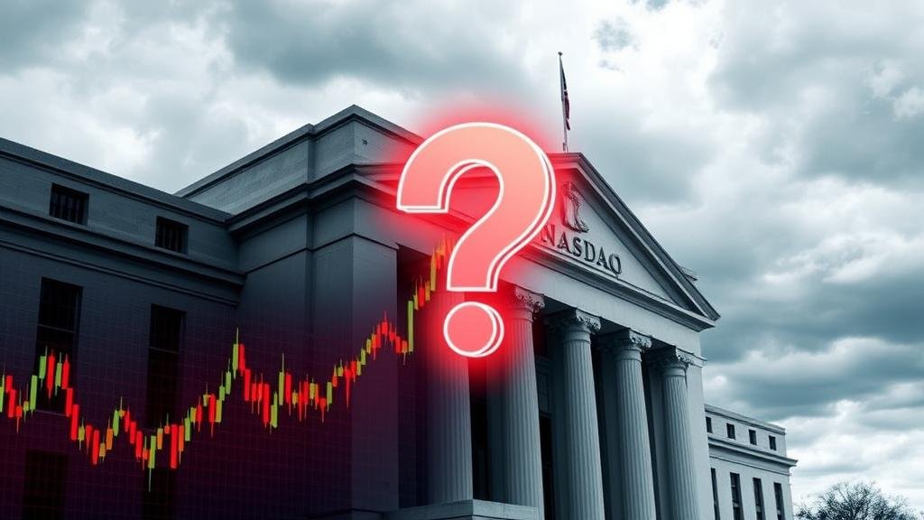 The Nasdaq chart trending upwards towards the Federal Reserve building with a question mark between them.