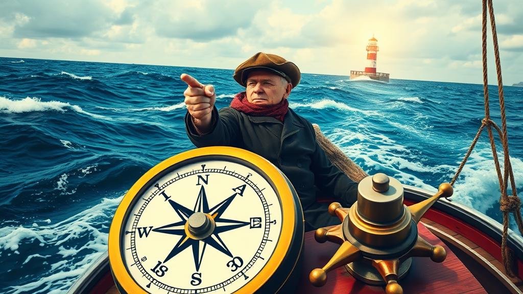 A ship captain navigating turbulent seas, guided by a lighthouse representing a long-term strategy.