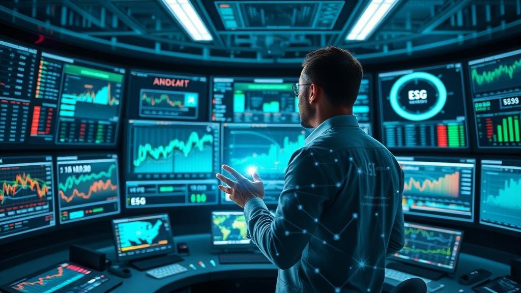 An image of a trader or executive in a futuristic control room, surrounded by holographic, interactive screens. These screens display complex data visualizations, real-time market analytics, and ESG performance dashboards. The person is touching one of the screens, causing a ripple effect of light and data to flow across all the displays, demonstrating control and insight.