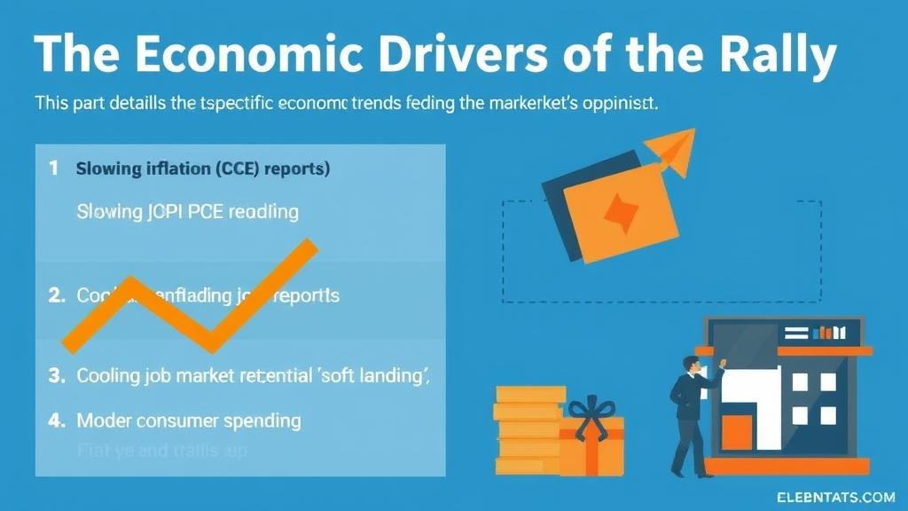 An illustration of economic dials and gauges showing moderation, representing the cooling inflation, job market, and consumer spending that are driving the market rally.