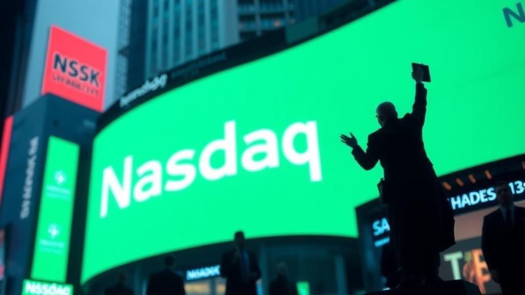 A glowing chart showing the Nasdaq's recent rally, with an optimistic arrow pointing up, representing the market's optimism for a rate cut.