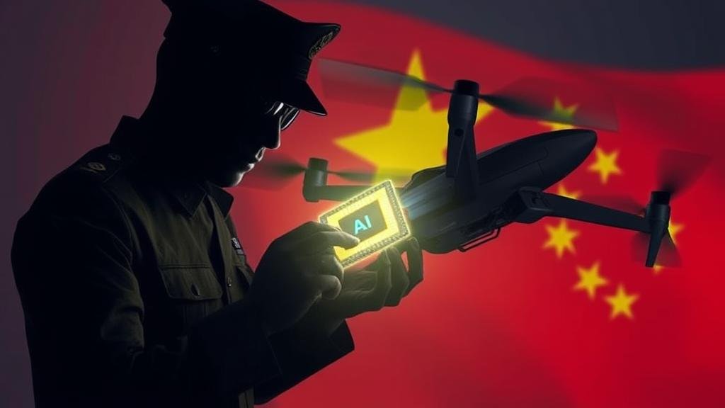 An image depicting national security concerns, showing a military figure integrating a glowing AI chip into a sophisticated weapon system.