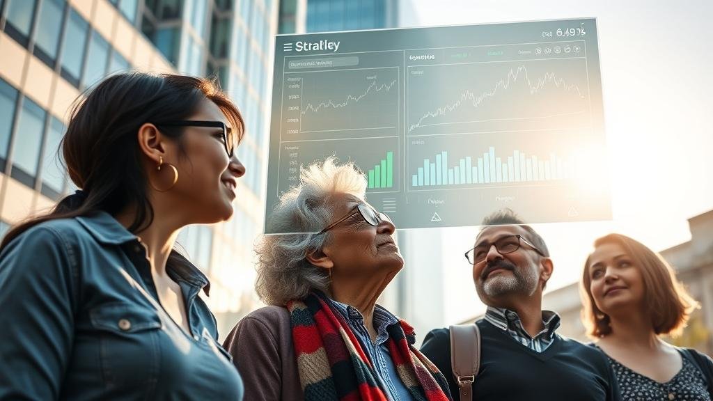 A diverse group of everyday people looking up at a large, transparent screen in a modern city square. The screen displays easy-to-understand stock market data and charts, showing positive growth and stability. This image represents the accessibility and transparency that a technology-driven market offers to all investors.