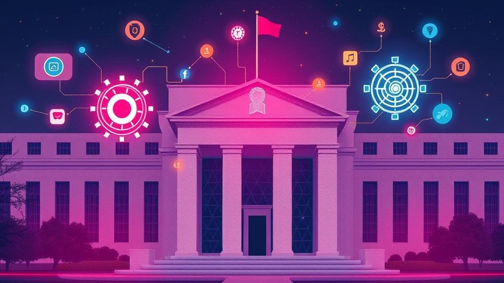 An illustration that visually connects the Federal Reserve building with glowing symbols of technology and innovation, representing how Fed policy impacts tech stocks.