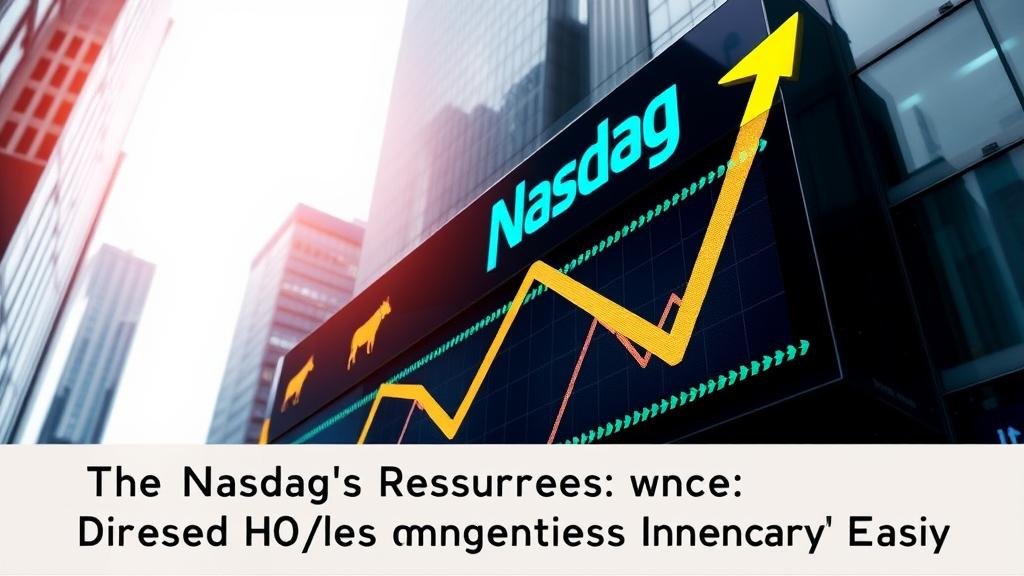 A dynamic image of the Nasdaq stock market ticker showing a strong upward trend, with bull market symbols, encapsulating the theme of 'The Nasdaq's Resurgence: Driven by Hopes of Monetary Easing'.