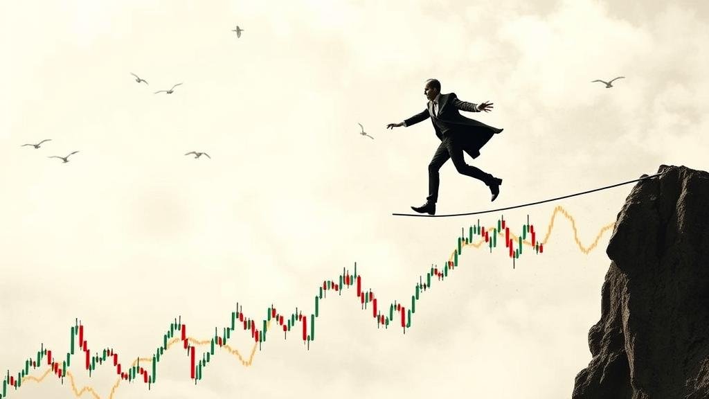 An image of a tightrope walker balancing over a fluctuating stock market graph, representing the caution and risk involved in navigating market expectations.