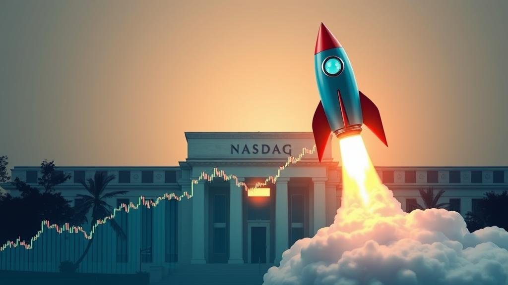 A dynamic image of the Nasdaq stock market chart transforming into a rocket, soaring high. In the background, a subtle silhouette of the Federal Reserve building with light beams shining from it, symbolizing the hope of a rate cut.