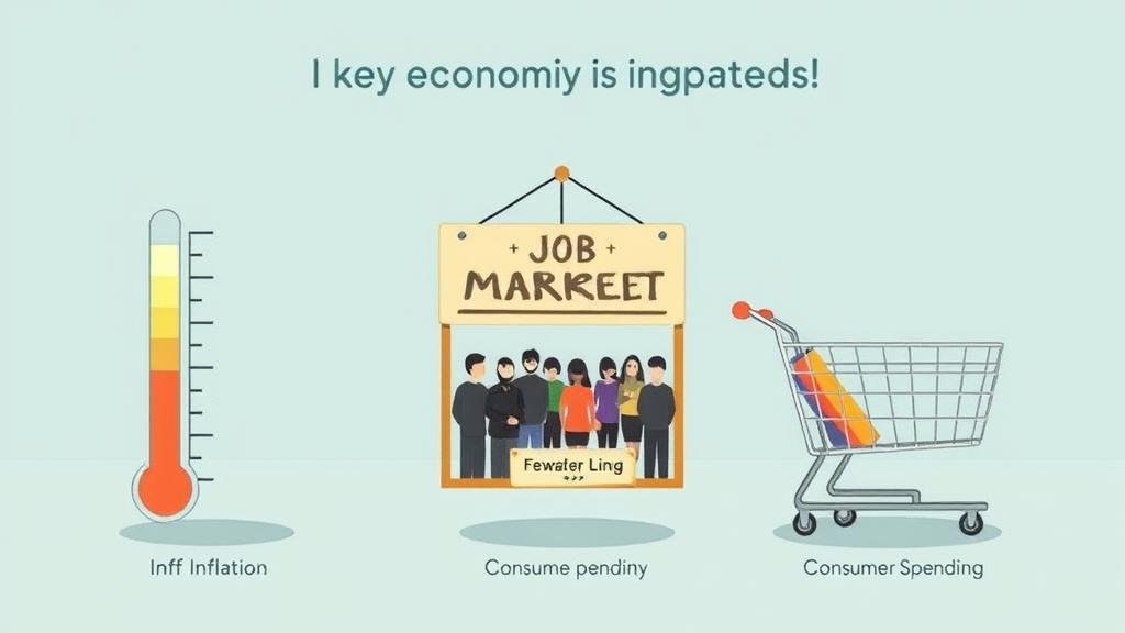 An illustration showing three key economic indicators: a thermometer for 'Inflation' showing the temperature going down, a 'Help Wanted' sign for the 'Job Market' with fewer people lining up, and a shopping cart for 'Consumer Spending' that is only partially full. The overall mood is calm and optimistic.