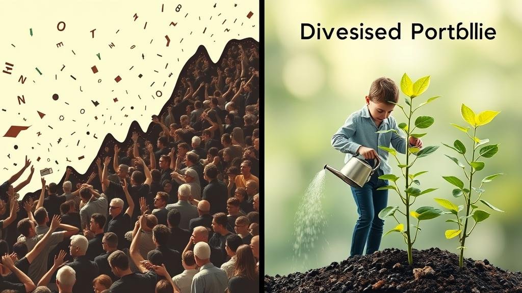 A split-panel image. On the left, a frenzied crowd is chasing a volatile, jagged stock line graph upwards. On the right, a single investor is calmly watering a plant that represents their 'Diversified Portfolio,' showing steady, long-term growth.