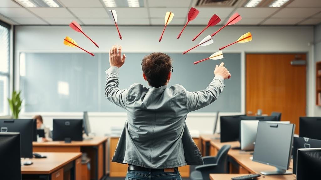 A person in an office setting dodging verbal darts or arrows with question marks on them, representing the defensive posture one has to take when faced with passive-aggressive communication.