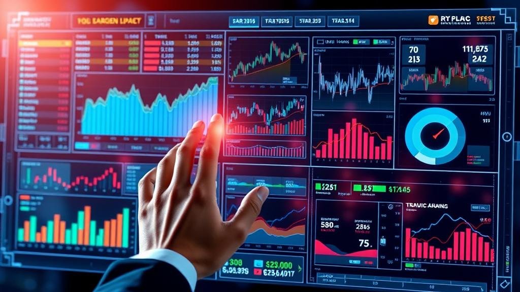 A person interacting with a futuristic, holographic dashboard displaying complex stock market data and predictive charts.