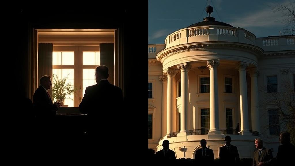 Split screen showing a special envoy in the White House while the State Department building is in shadow with demoralized diplomats.