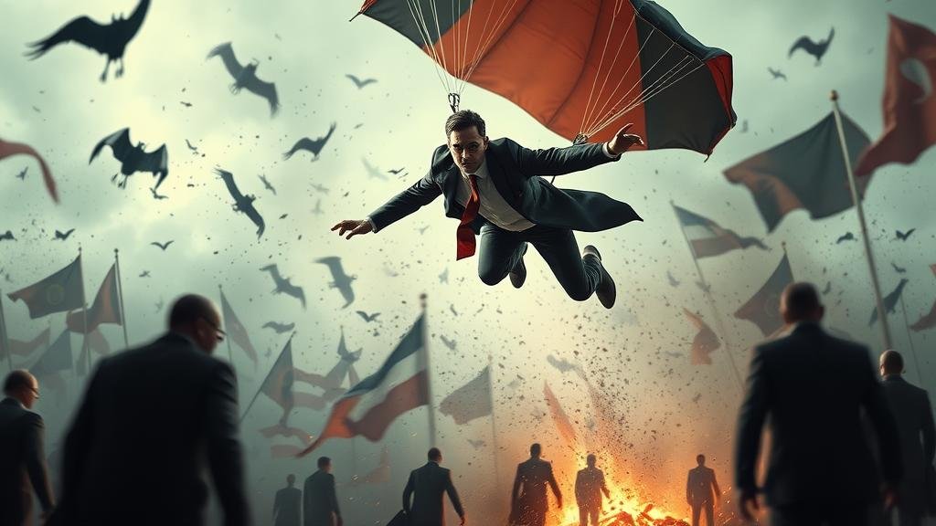 A heroic diplomat styled like a movie superhero parachuting into a chaotic global crisis scene.