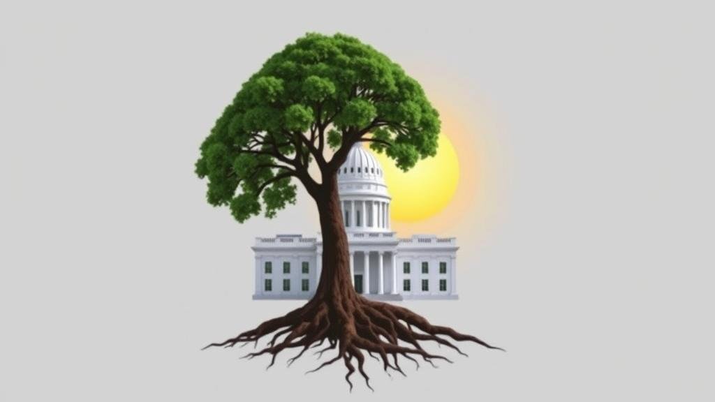 A symbolic strong tree representing the U.S. State Department growing towards a rising sun, symbolizing a reinvestment in the diplomatic corps.