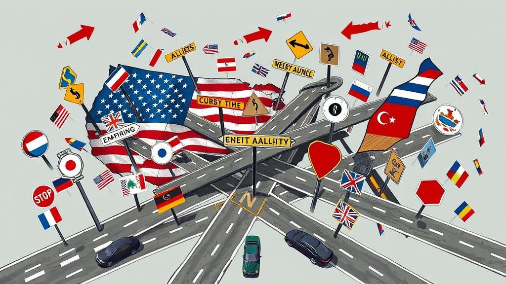 A tangled intersection with confusing road signs representing policy chaos for allies and adversaries.