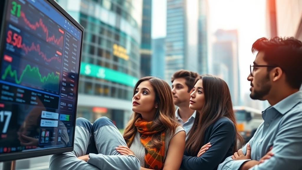 A diverse group of modern investors looking thoughtfully at a screen displaying stock market information.