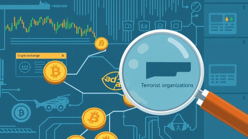 A magnifying glass analyzing a digital trail of cryptocurrency coins from an exchange to a terror-associated wallet.