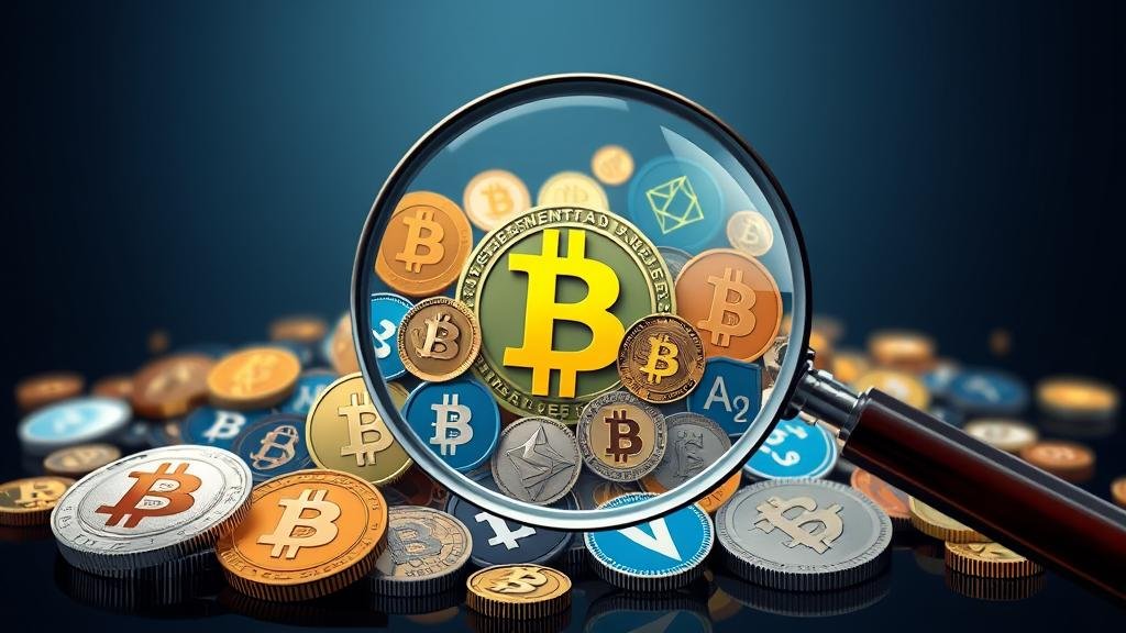 The crypto industry symbolized by coin logos under a large magnifying glass held by a legal entity, signifying increased scrutiny.