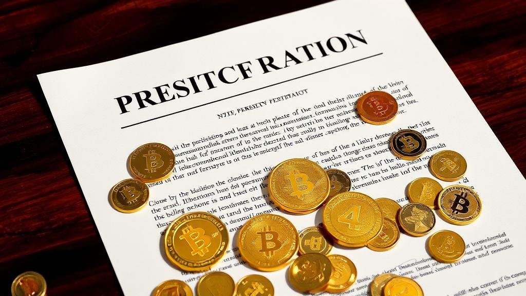 A depiction of a presidential pardon document with cryptocurrency coins scattered on it, symbolizing the clearing of financial crimes.
