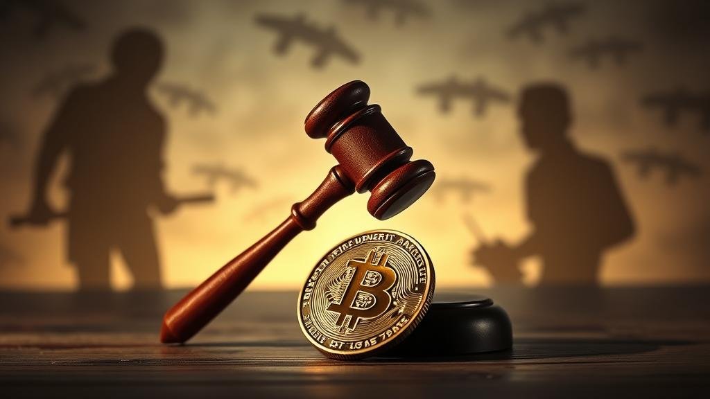 A dramatic image of a gavel smashing down on a crypto coin, symbolizing the intersection of law, cryptocurrency, and terrorism financing.