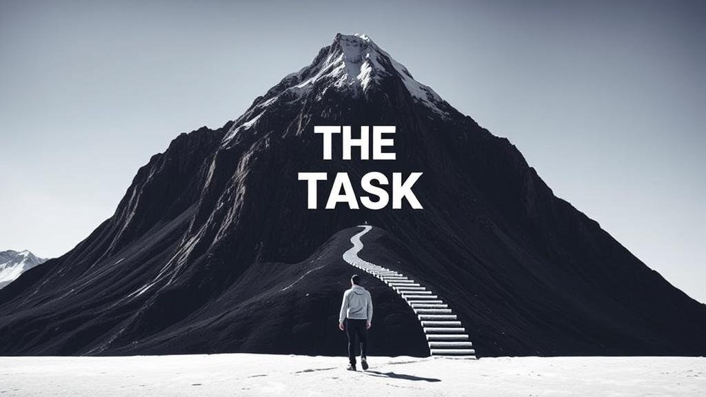 A person looking up at a huge mountain labeled THE TASK, with a path broken down into small, easy steps, and the person is just taking the first step.