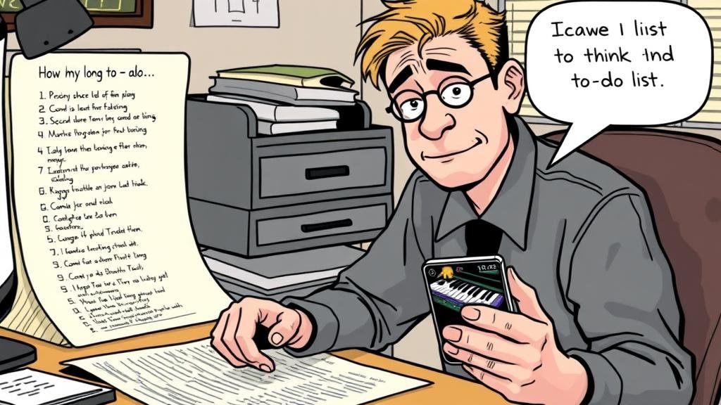 A person at a desk with a comically long to-do list, looking at a phone with a video of a cat playing a piano, with a mix of guilt and amusement on their face.