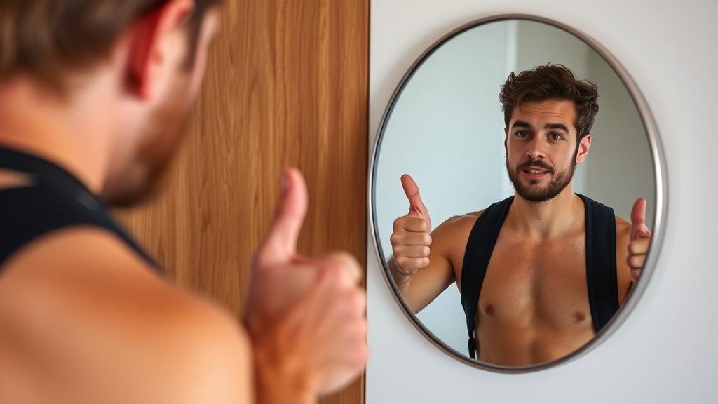 A person giving a thumbs-up to their tired but proud reflection in a mirror, representing self-acceptance and progress.
