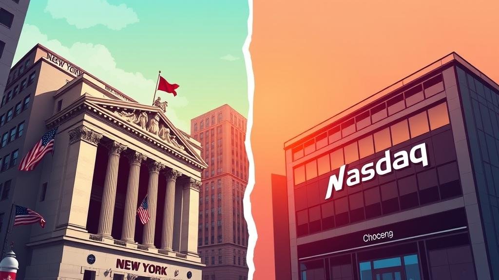 A dramatic photo illustration of the New York Stock Exchange building and the Nasdaq building side-by-side, representing the choice between them.