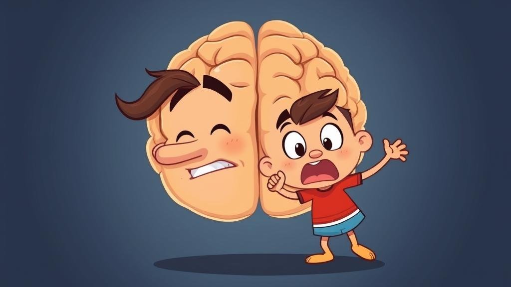 A cartoon brain with a responsible adult character on one side and a demanding toddler character on the other, fighting for control.