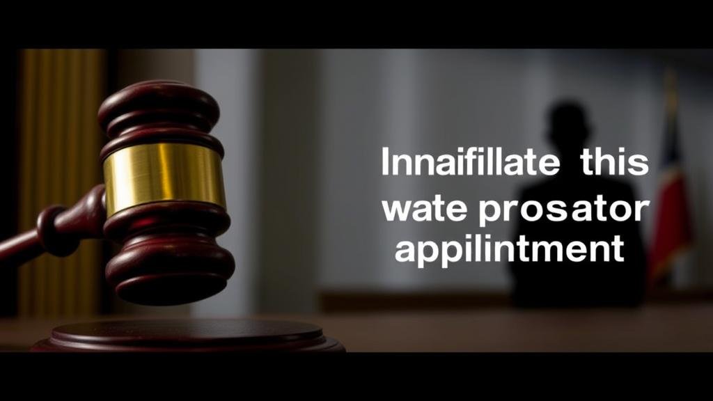 A federal court judge's gavel striking down, with a shadowy figure of a lawyer in the background, representing the invalidation of an unlawful prosecutor appointment.