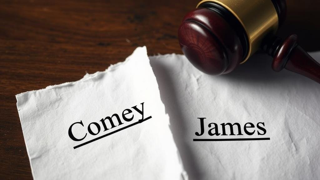 Torn or dismissed legal documents with the names 'Comey' and 'James' visible, symbolizing the collapse of high-profile cases.