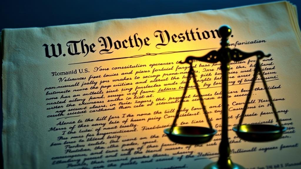 The U.S. Constitution glowing, with scales of justice in the foreground, signifying the triumph of constitutional checks and balances.