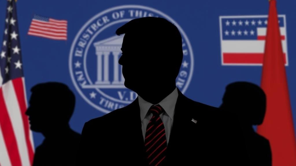 A silhouette of a politically-motivated prosecutor, with partisan symbols in the background, illustrating a politicized Justice Department.