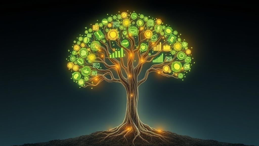 A transparent, glowing tree with leaves made of data points representing ESG and corporate governance.